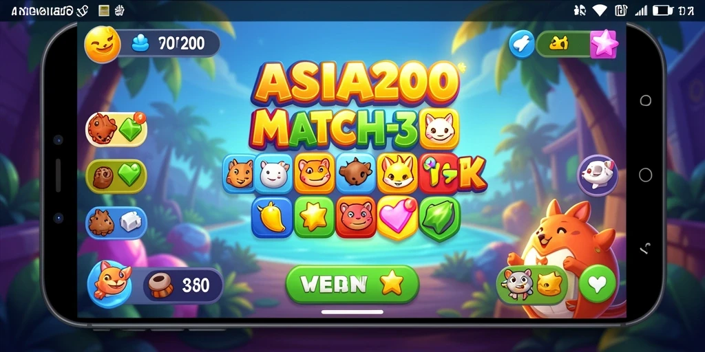 Tampilan gameplay seru dengan elemen Match-3 yang berwarna-warni.