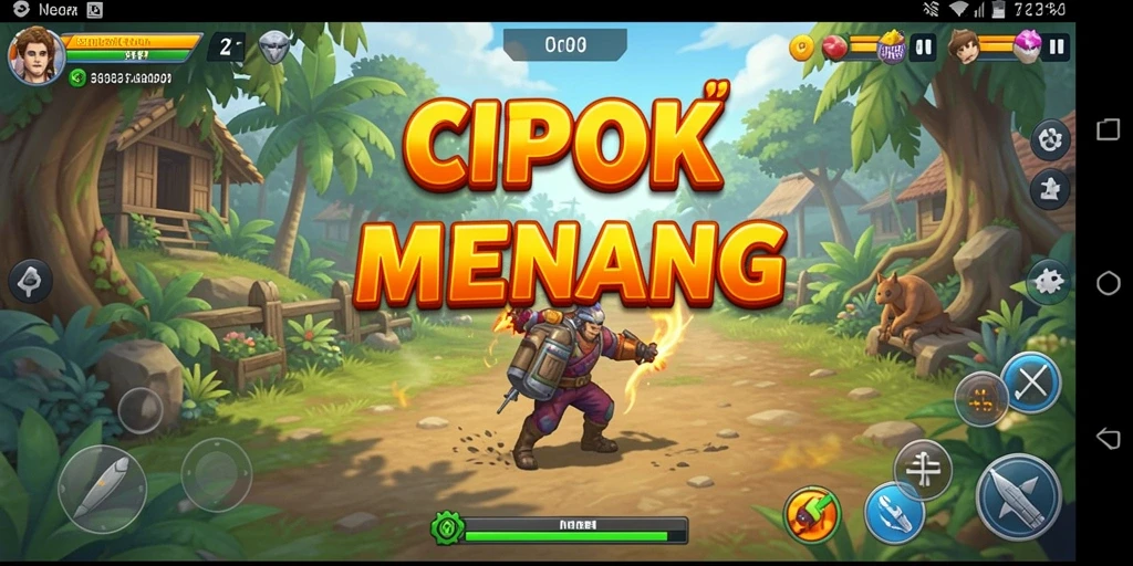 Tampilan menarik karakter dan layar permainan strategi.