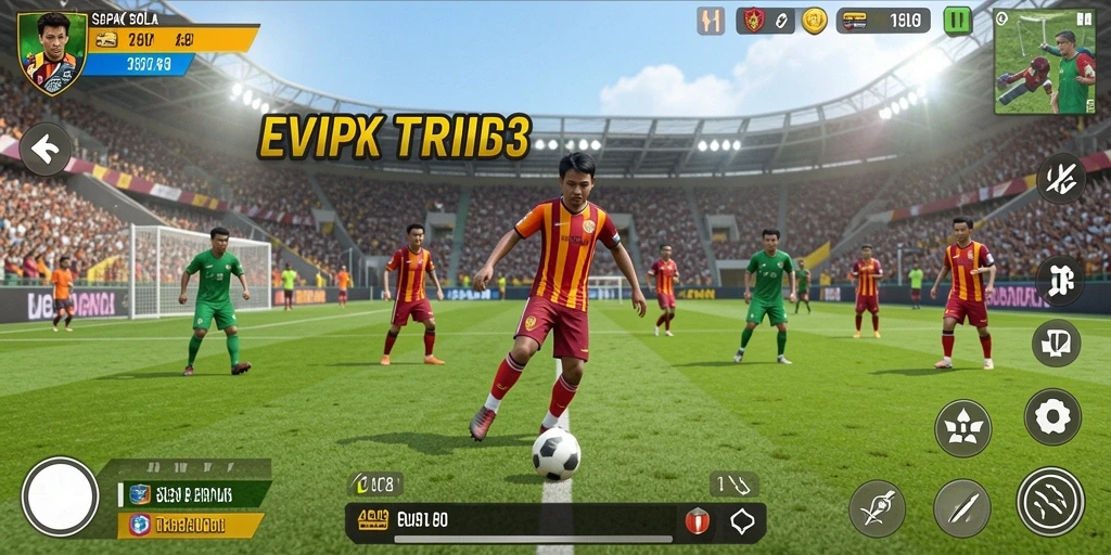 Tampilan gameplay mendebarkan dalam EVIP3 dengan aksi sepak bola nyata.