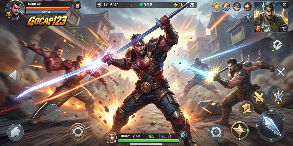Screenshot utama GOCAP123 menampilkan momen pertarungan intens dalam gameplay Action.