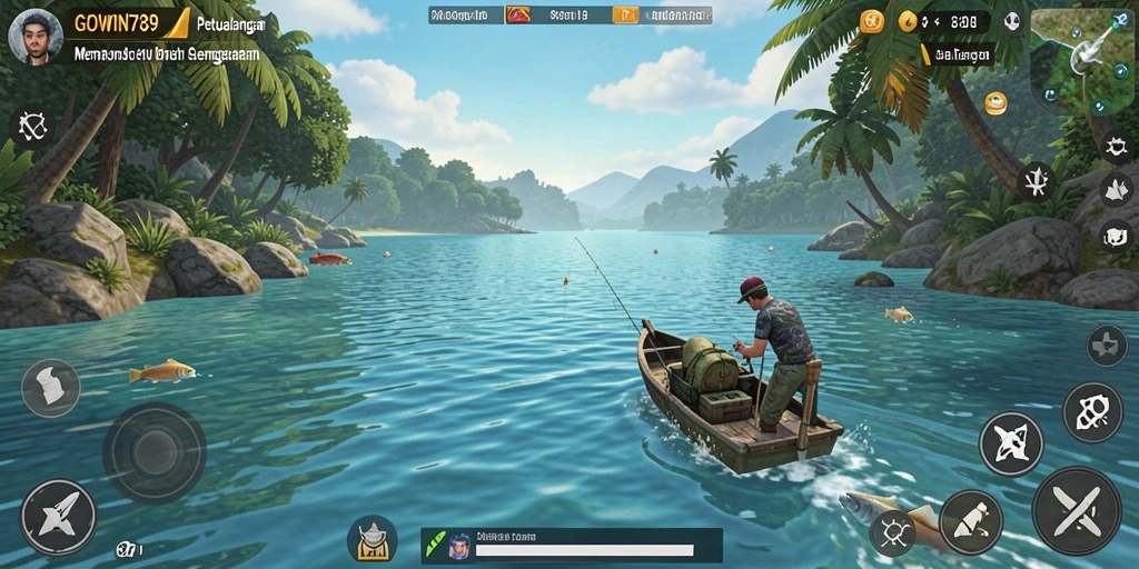 Tampilan gameplay GOWIN789 saat memancing di laut yang luas dan indah.