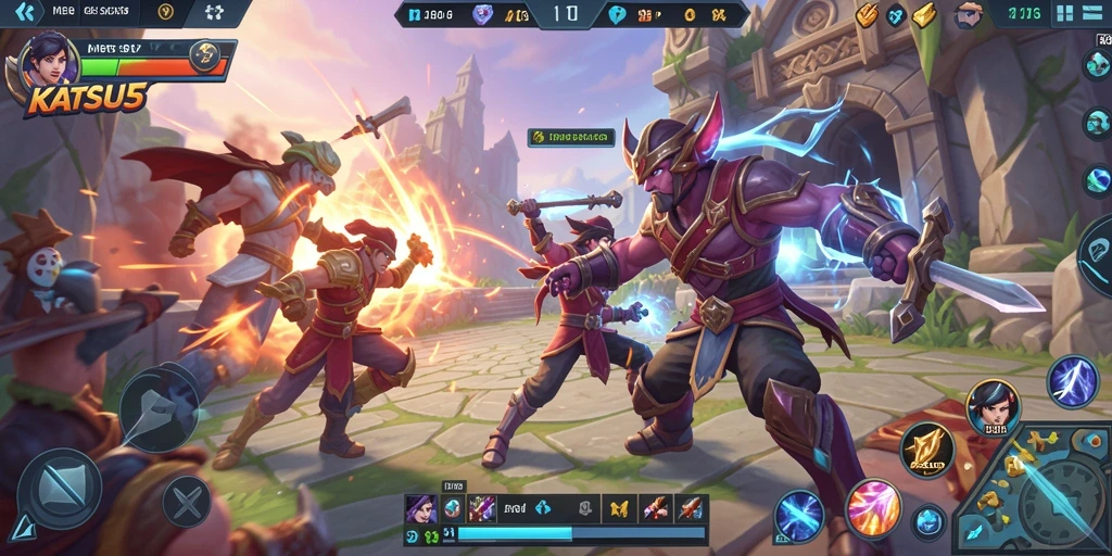 Screenshot gameplay KATSU5 dengan aksi pertempuran seru dan strategi tim.