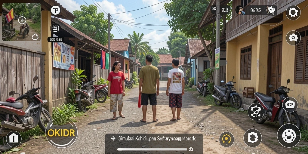 Screenshot gameplay OKIDR yang menunjukkan interaksi sehari-hari karakter.