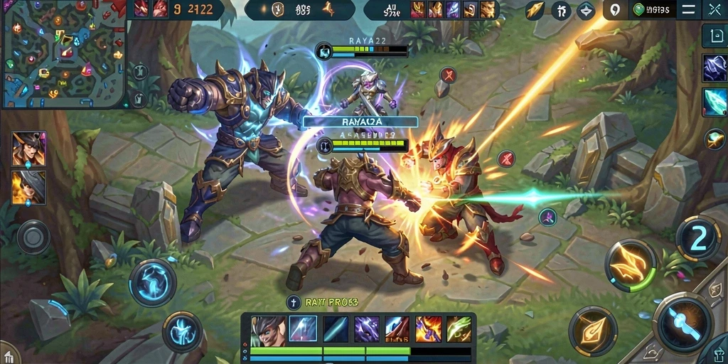 Tampilan gameplay seru RAYA22 dalam pertarungan tim MOBA.