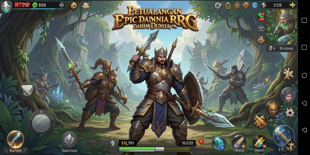 Screenshot gameplay RT99 menampilkan pertempuran seru dalam dunia RPG.