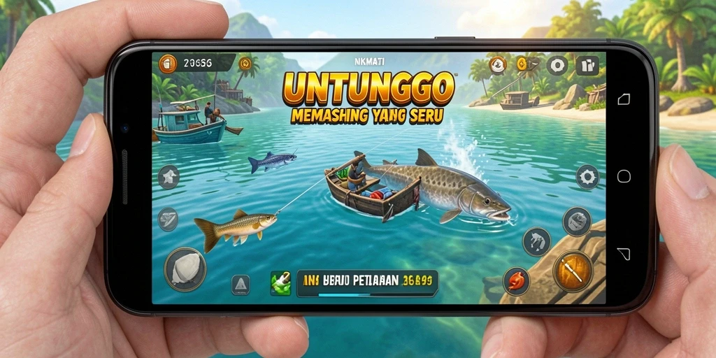 Tampilan gameplay UNTUNGGO saat memancing di lokasi eksotis.